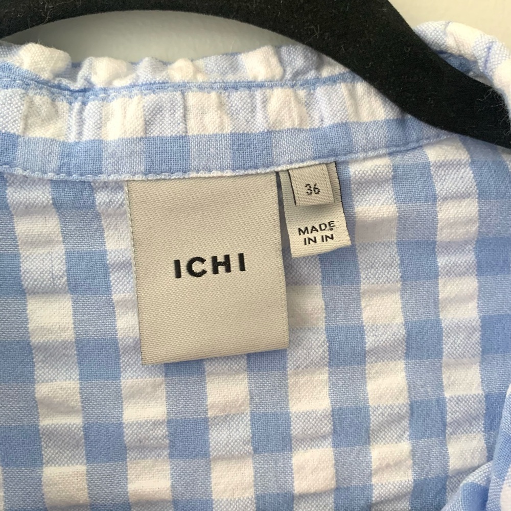 ICHI Light Blue Gingham Puff-Sleeve Button-Up Blouse - Picture 3 of 6